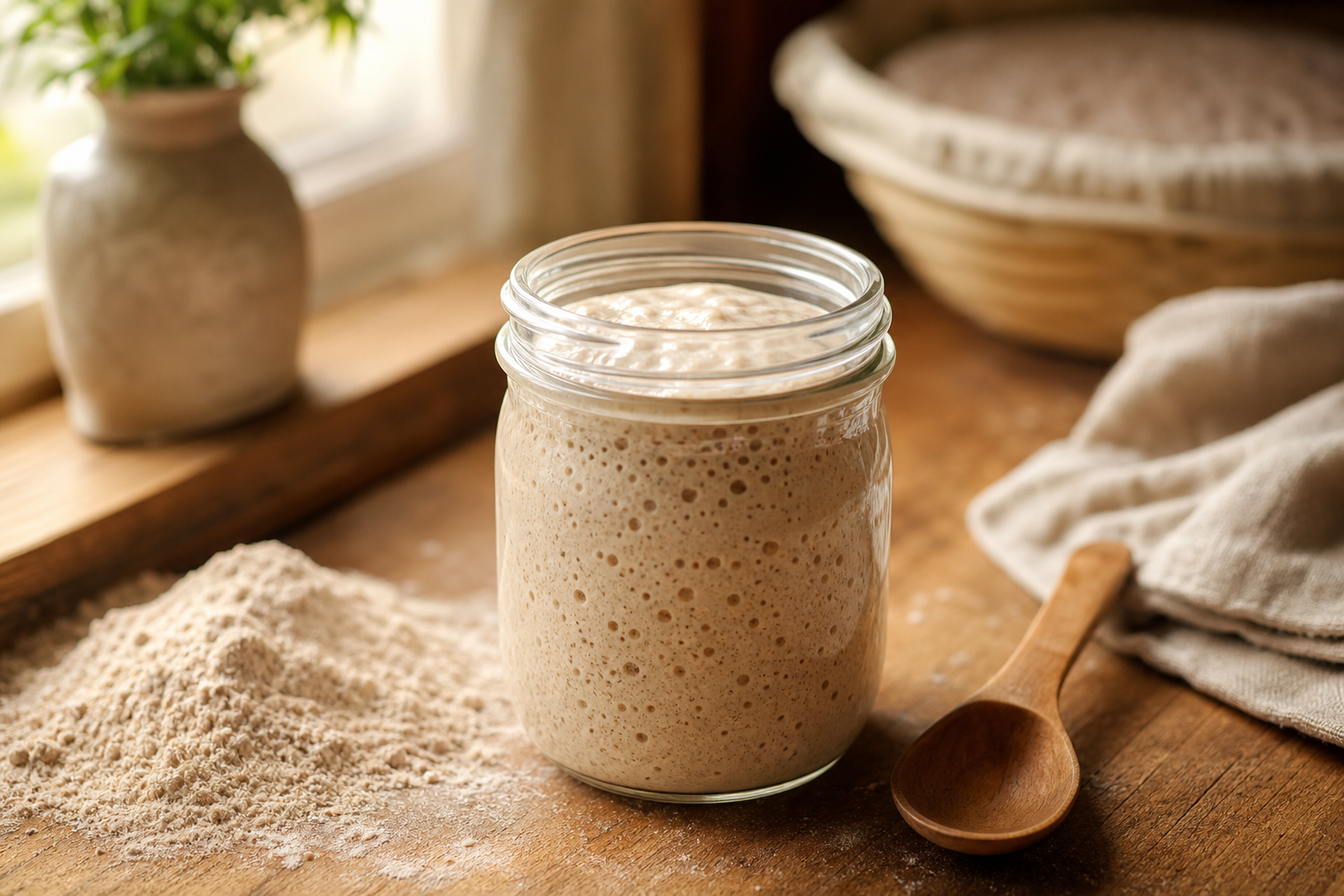 Small glass jar of bubbly sourdough starter on a kitchen counter