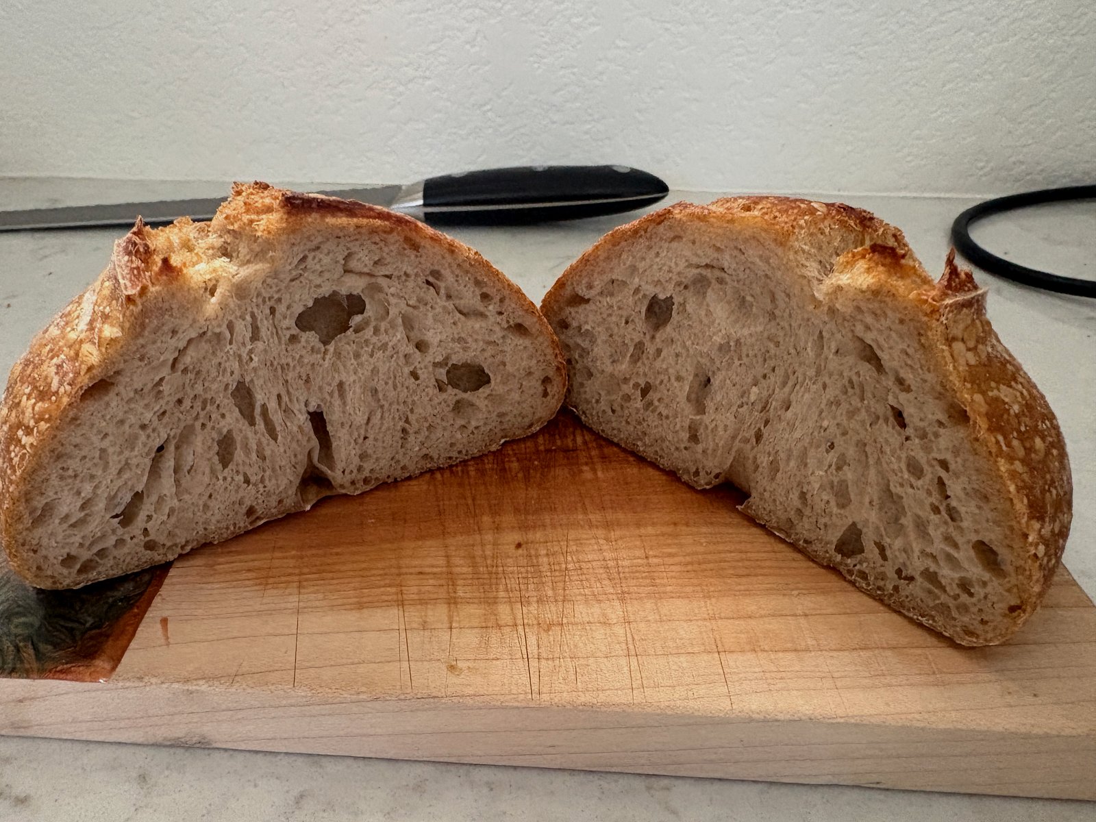 Artisan sourdough crumb from a Dutch oven rack bake — open crumb with a strong ear
