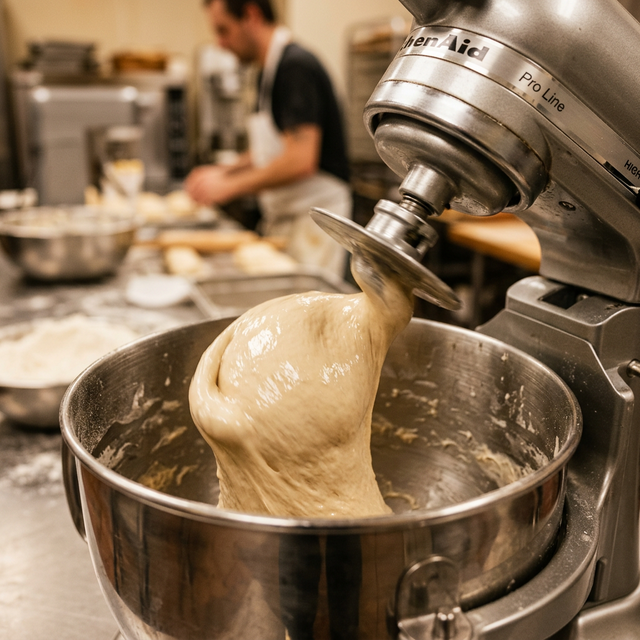 High hydration sourdough dough (75%) being mixed at high speed in a stand mixer