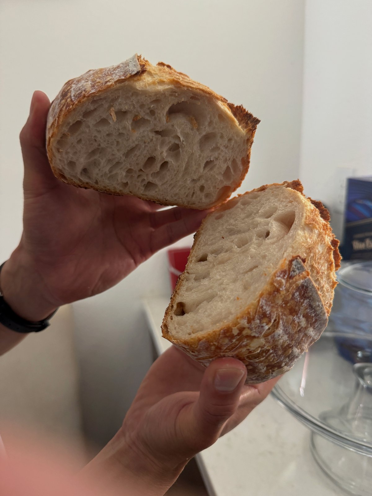 Cross-section of mini sourdough loaf showing open, irregular crumb and creamy interior